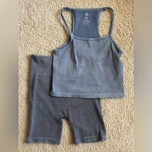 Aura Blue and Dark Grey Activewear Set with Tanktop and Shorts